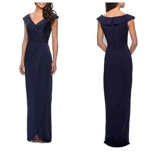 NWT La Femme 25206 V-Neck Ruched Cap Sleeve Tulip Hem Sheath Dress in Navy sz 16